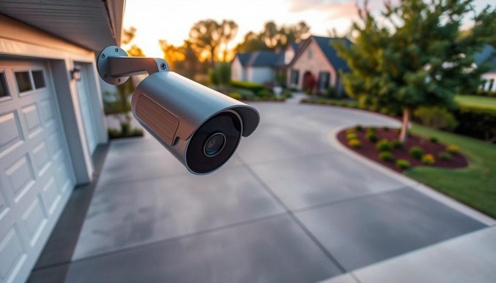 Modern residential home with outdoor security lighting and CCTV cameras for break-in protection.