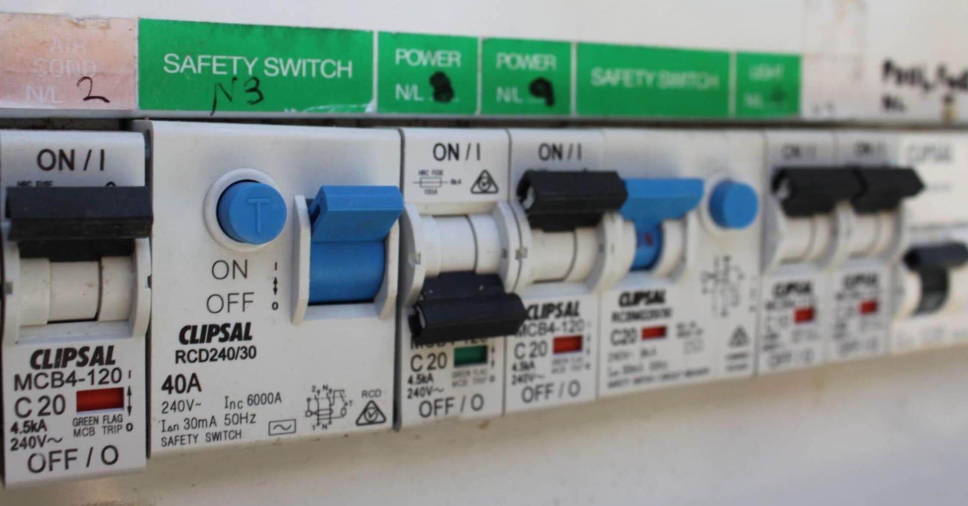 Tripped circuit breaker in a residential electrical switchboard